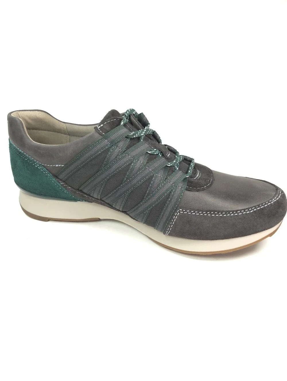 Dansko Gabi Charcoal Gray Leather Lace‑Up Sneakers w/ Emerald Accents Sz 9.5